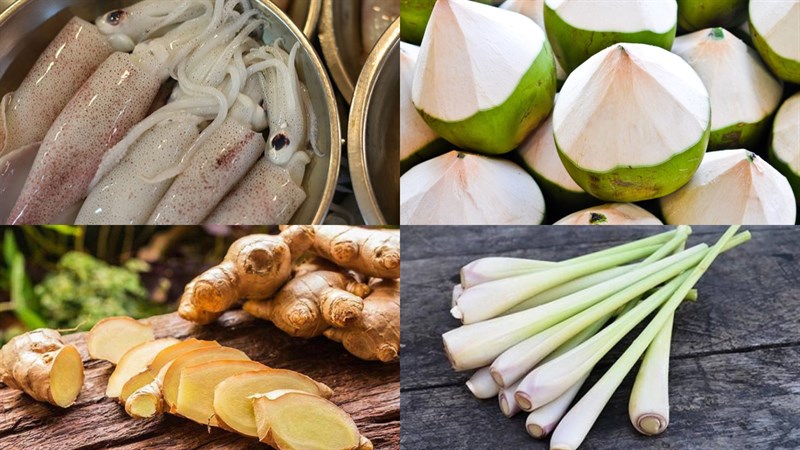 nguyên liệu mực hấp nước dừa